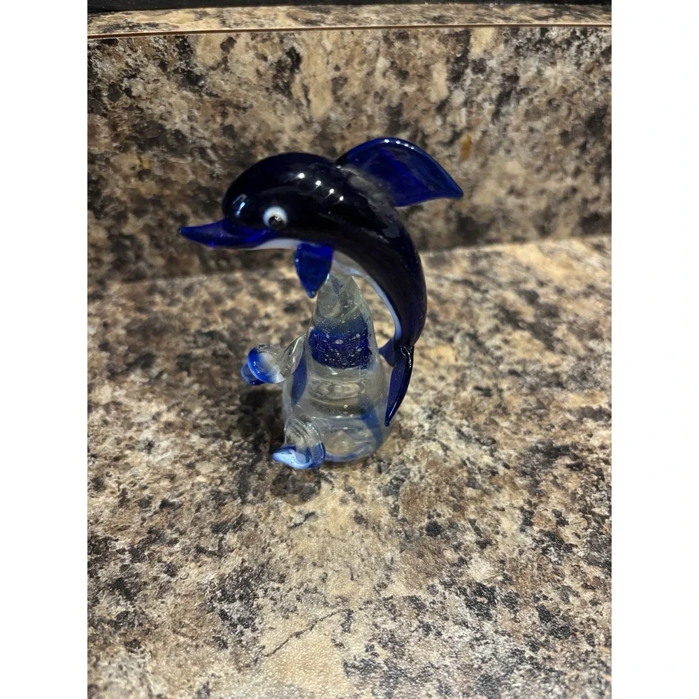Cobalt Blue Clear Glass Dolphin Figure Paperweight